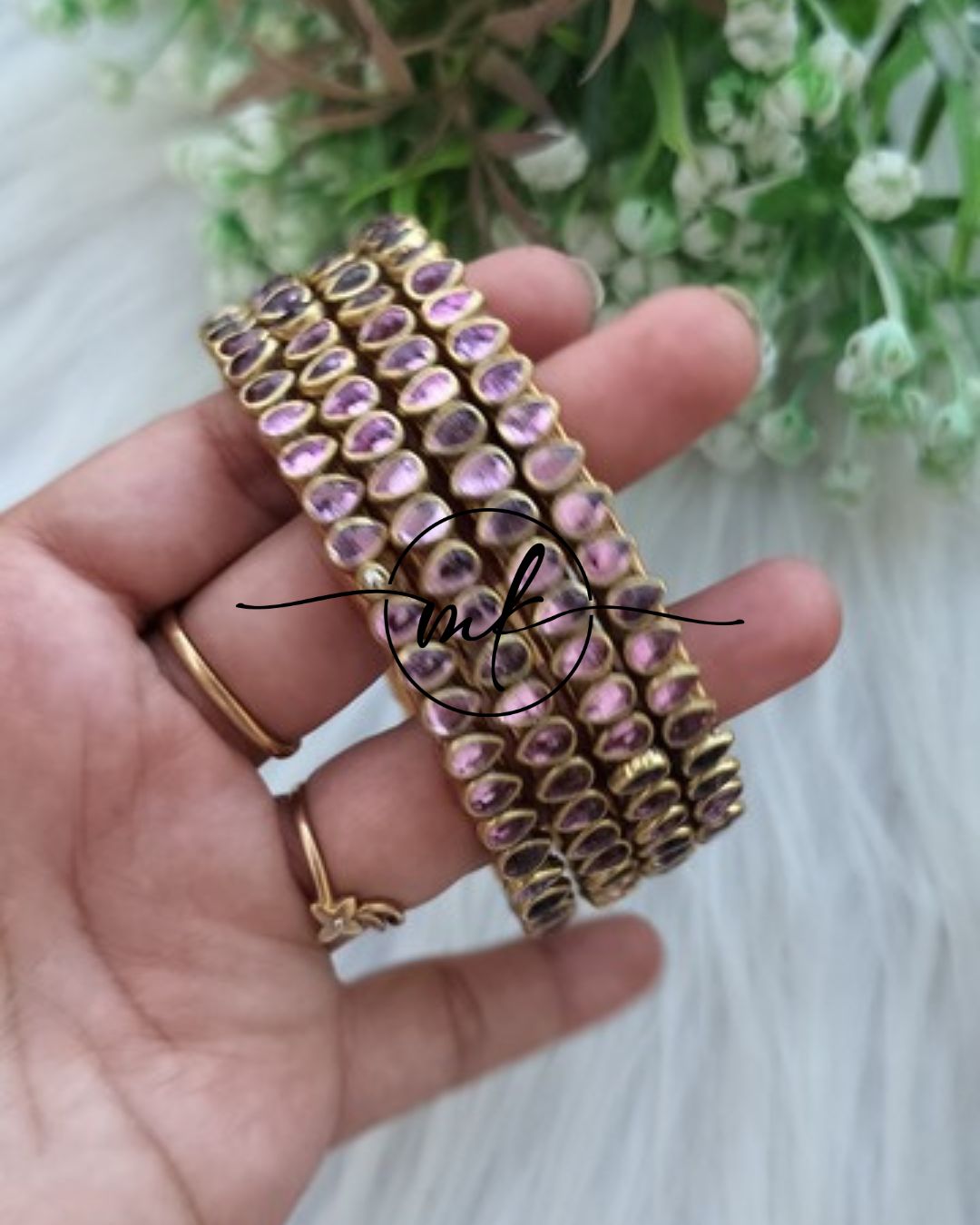 Thin Kundan bangle Set - Pink