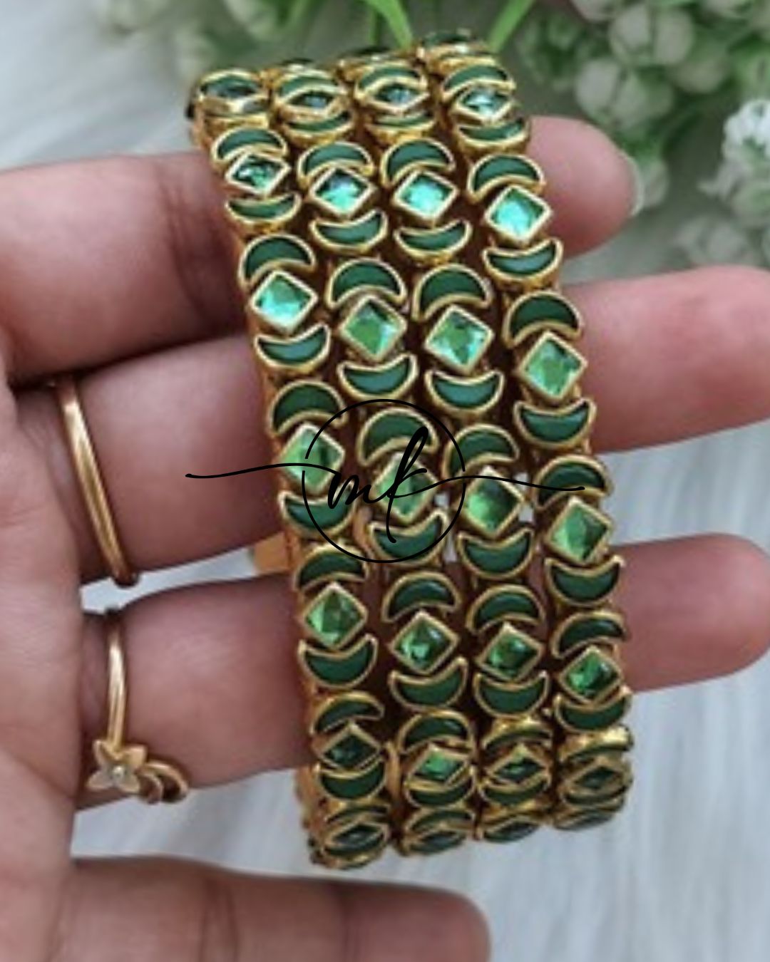 Thin Kundan bangle Set - Green