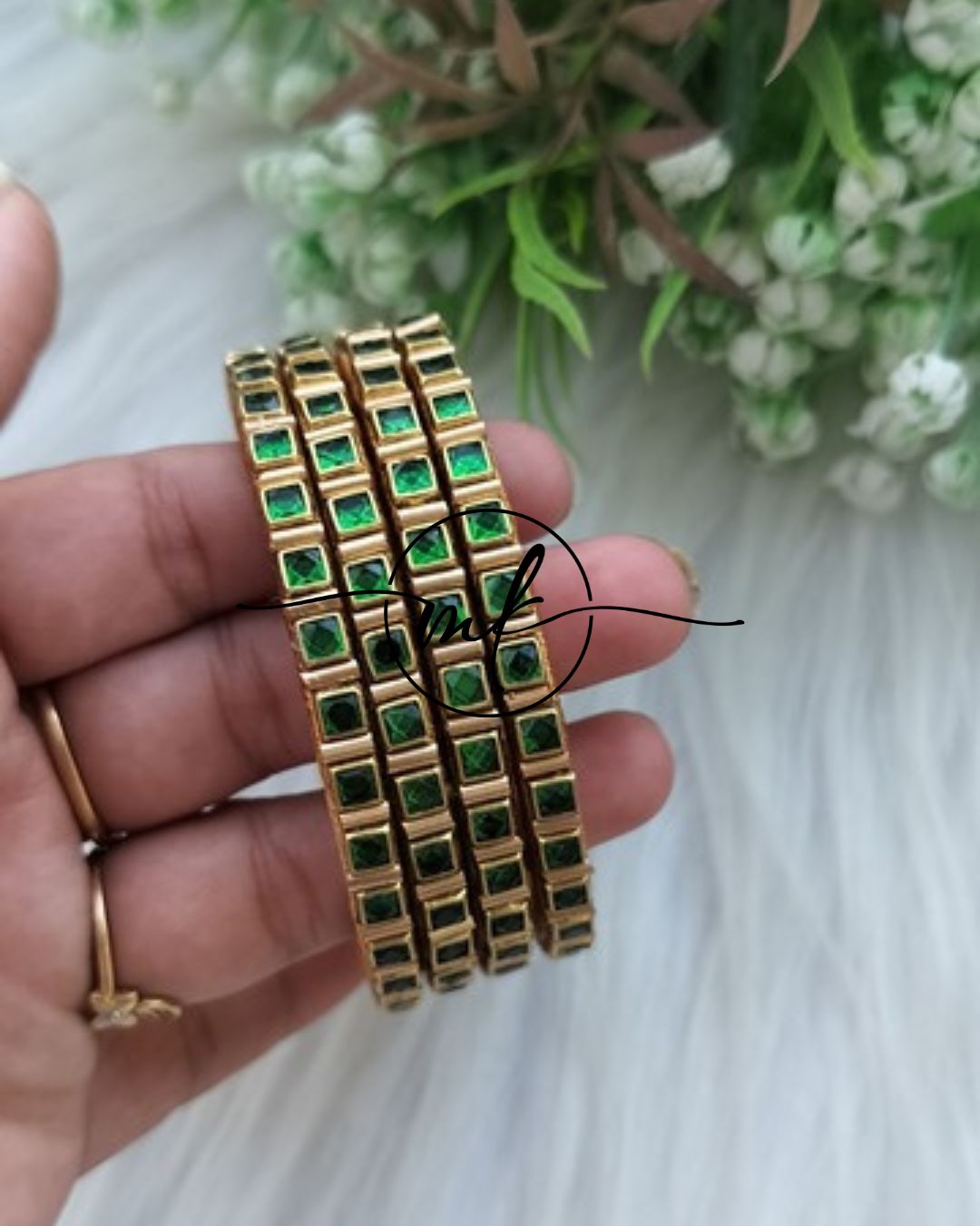 Thin Kundan bangle Set - Green