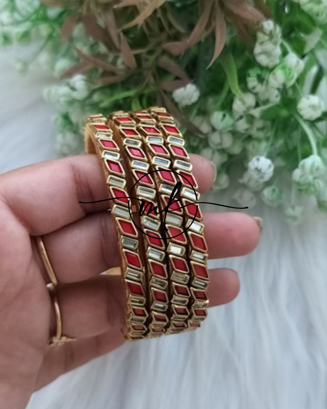 Thin Kundan bangle Set - Silver/Red