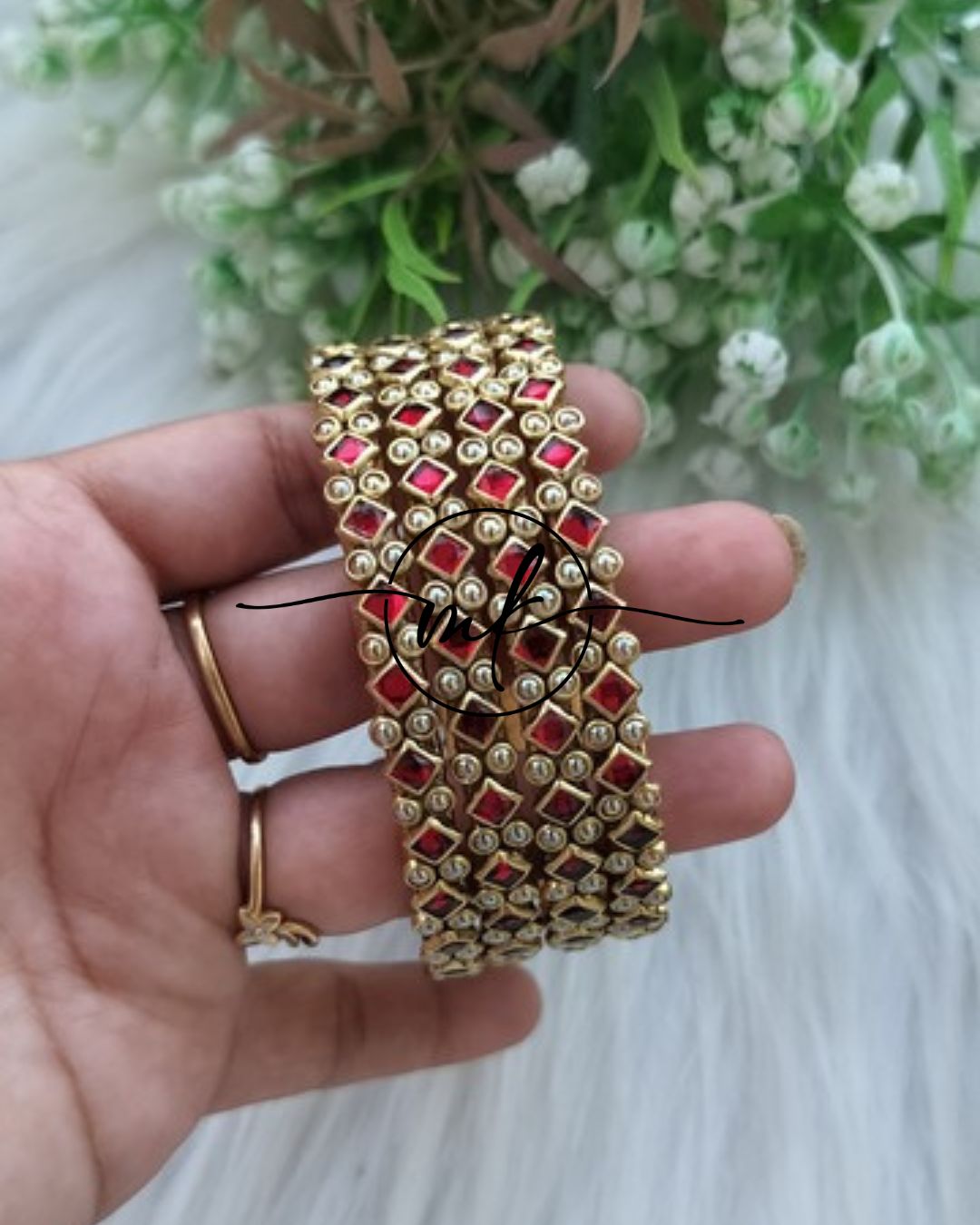 Thin Kundan bangle Set - Red