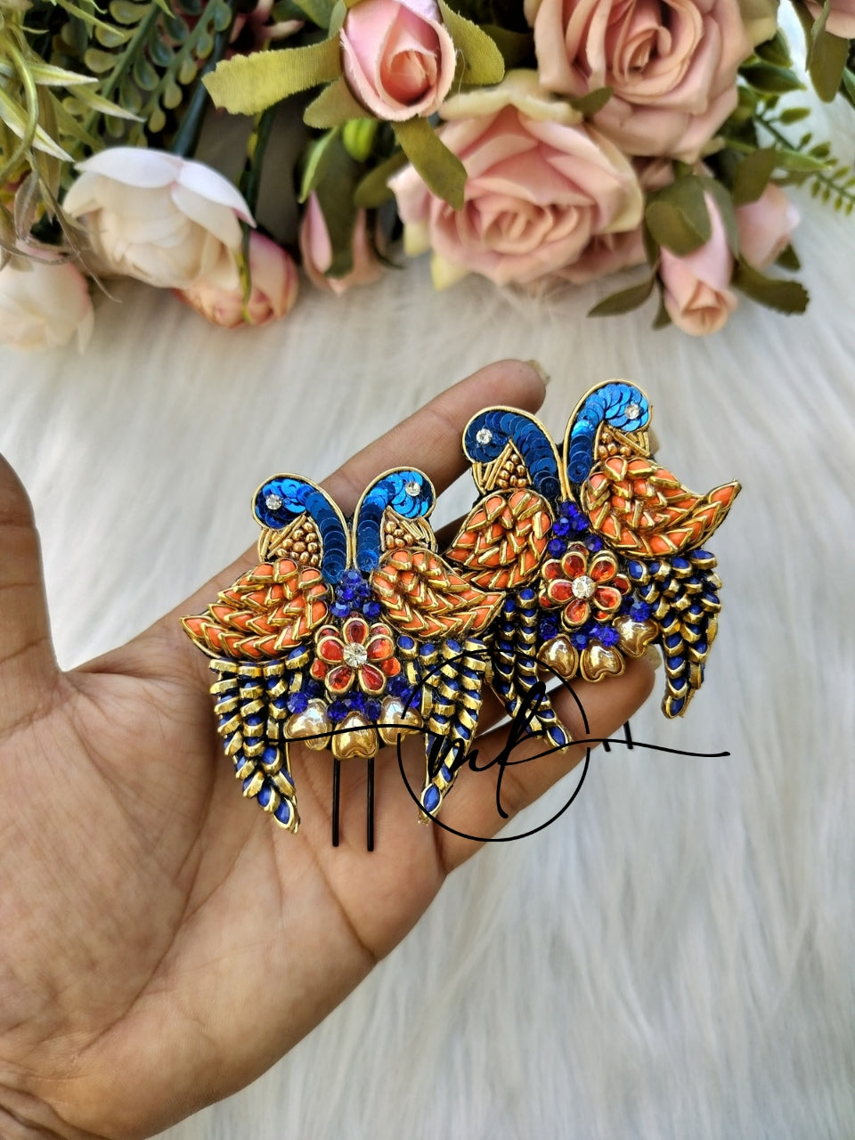 Peacock blue + Orange Parrot Hair Accessories