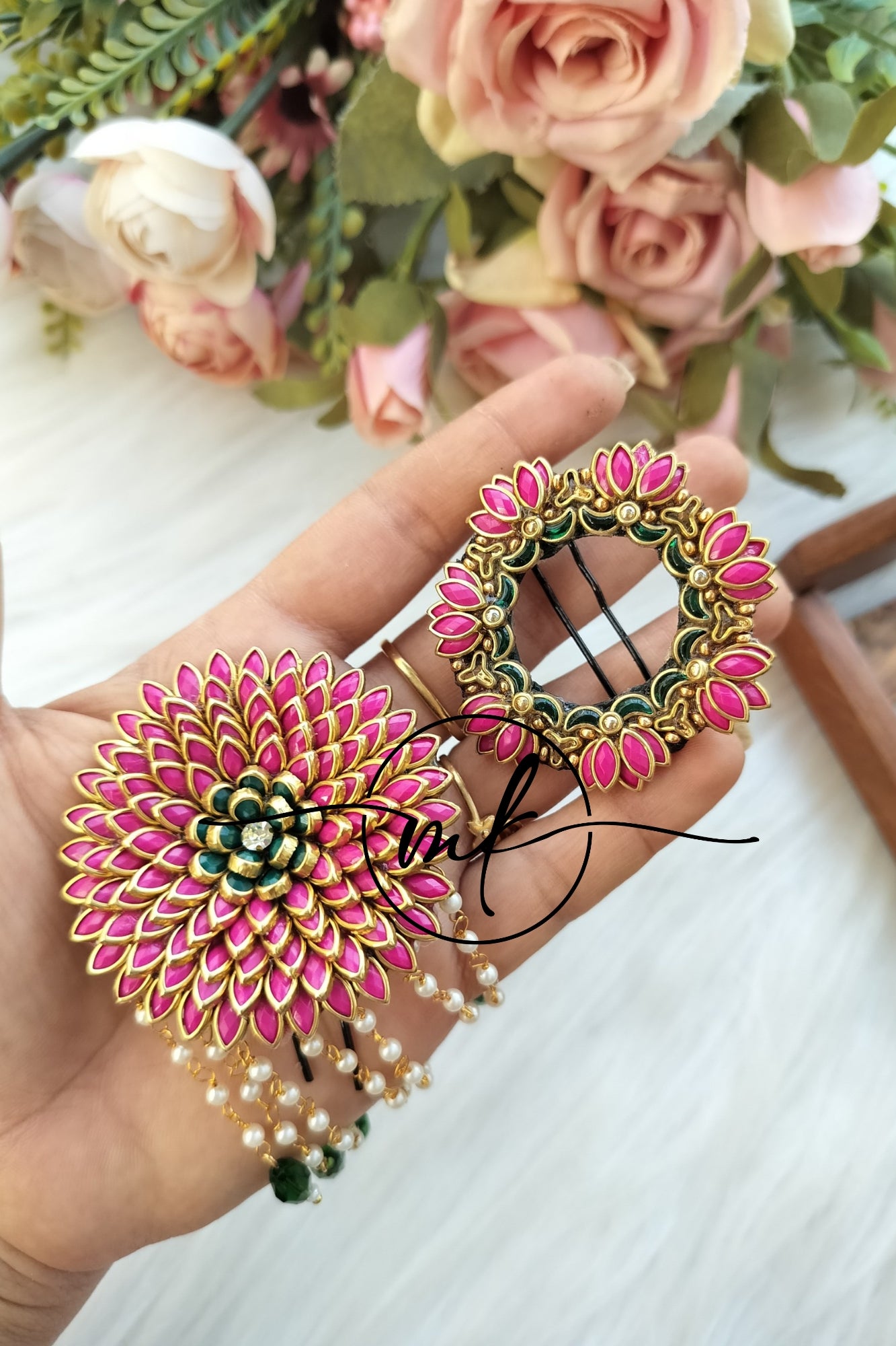 Marigold + Lara braid HAIR Brooch Combo - Light pink + GREEN