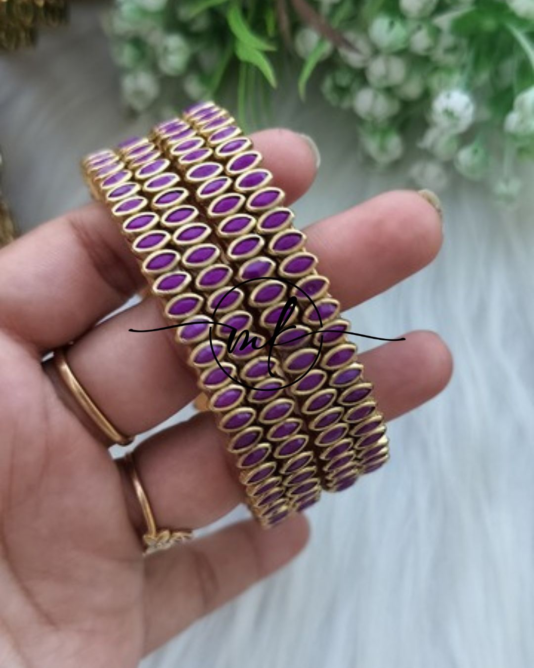 Thin Kundan bangle Set - Purple