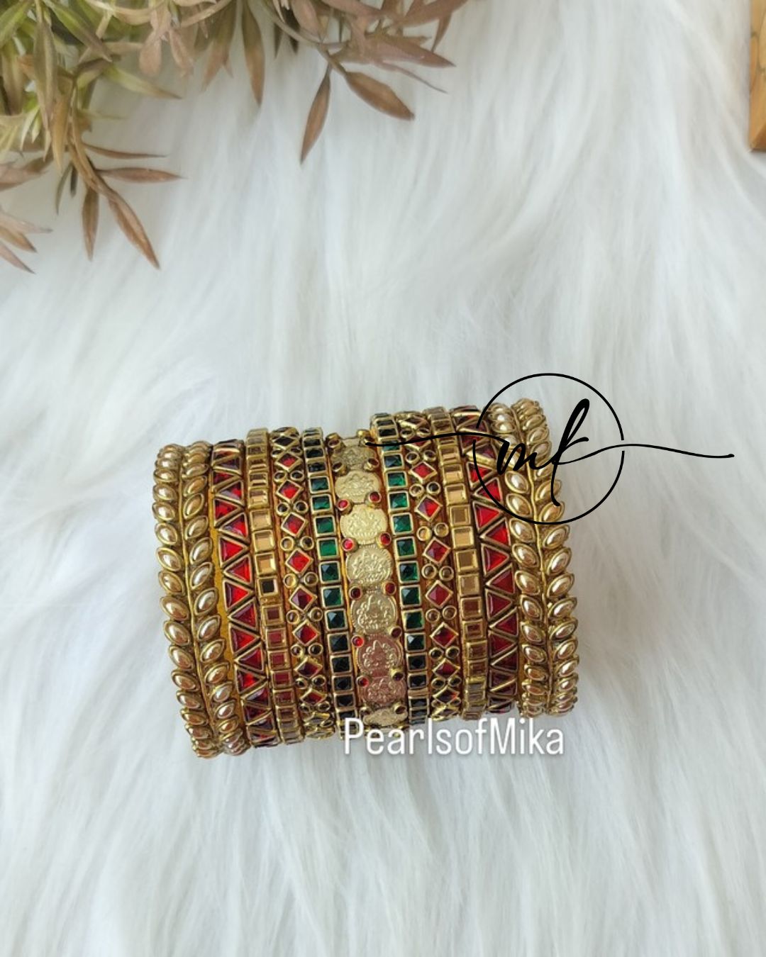 Kundan semi Bridal bangle Set - Red + Green + Gold