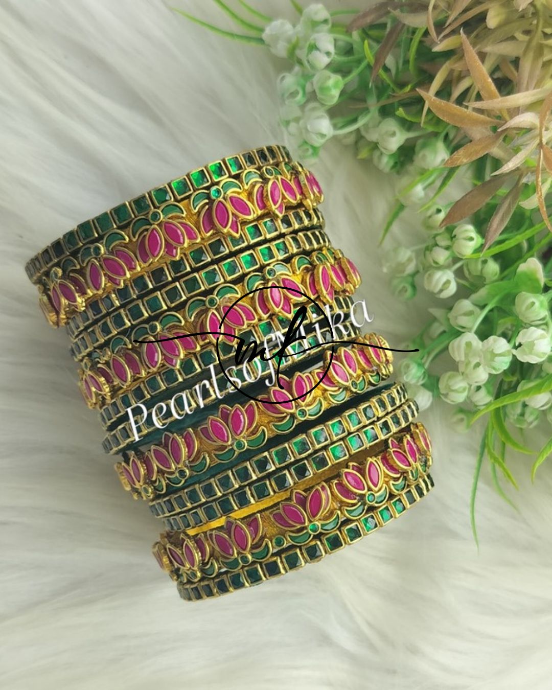 Lotus Kundan semi Bridal bangle Set - Dark pink + Green