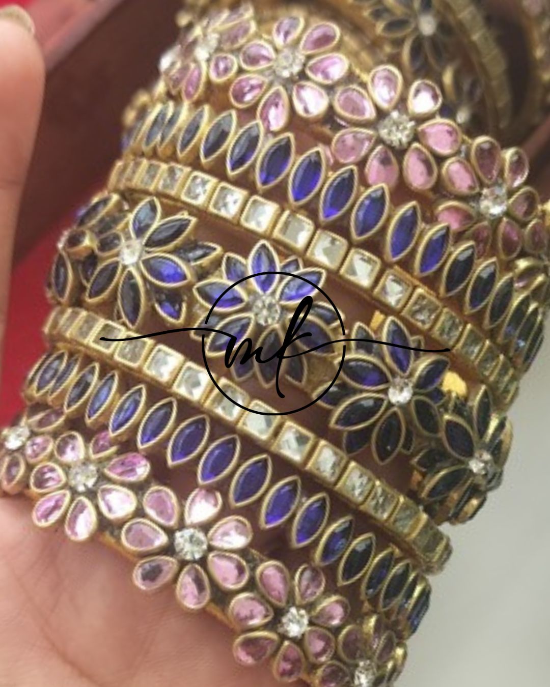Floral Kundan Bridal bangle Set- Ink blue + light pink