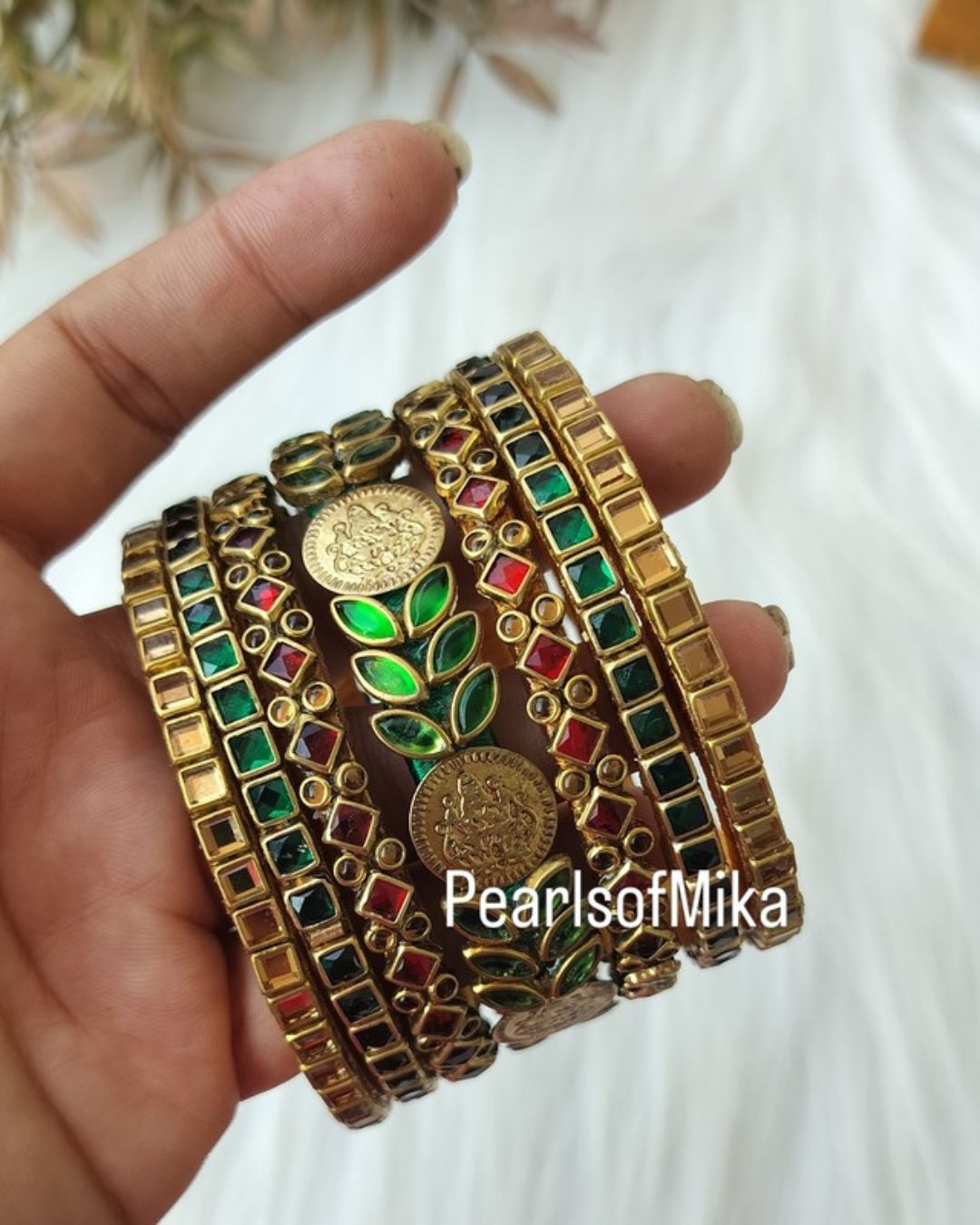 Kundan semi Bridal bangle Set - Green+ Red+ Gold