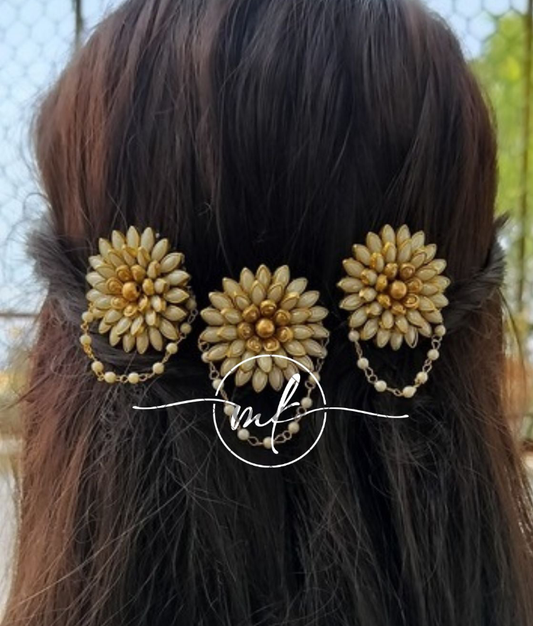 White Kundan Flower Hair Brooch with Pearl hanging