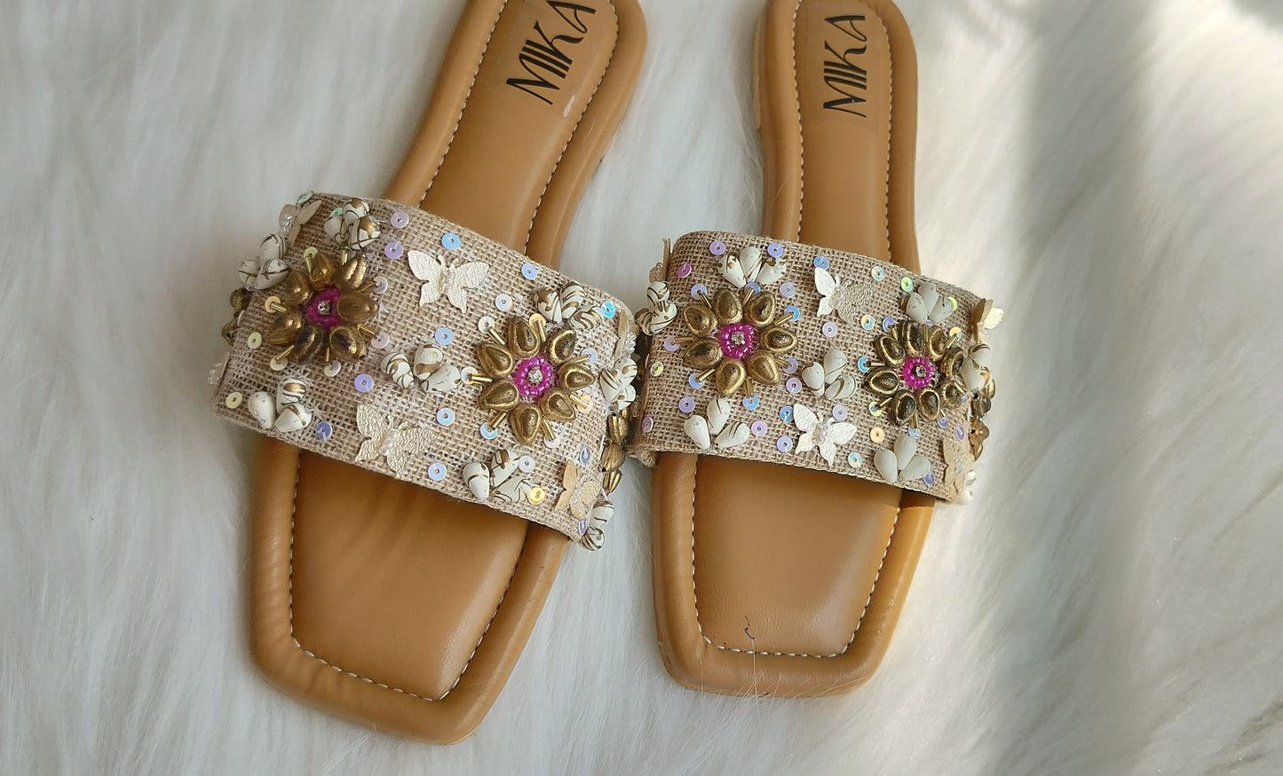 Shell Beaded Beige Embroidered Flats @40%off