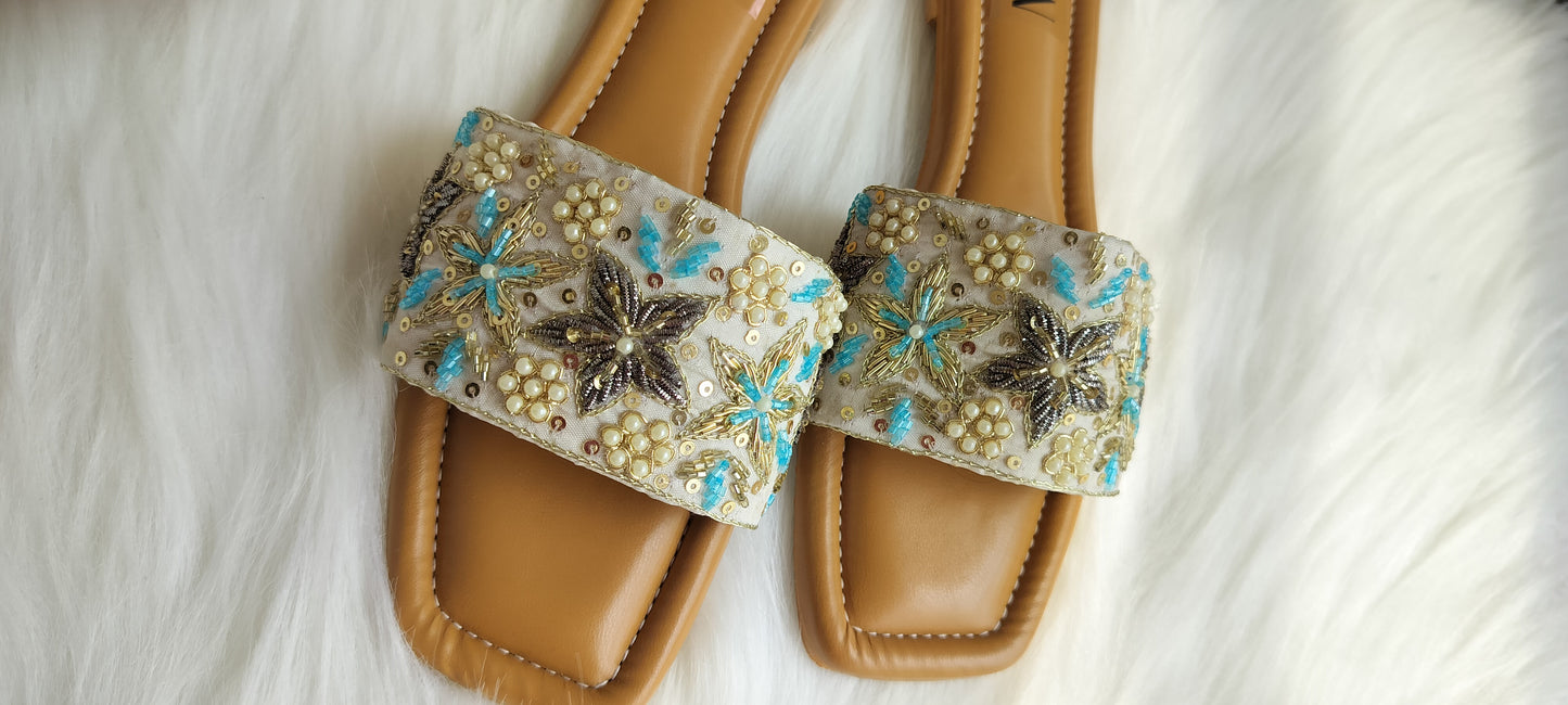 Blue Flower Pearl Embroidered Flats - 40% off