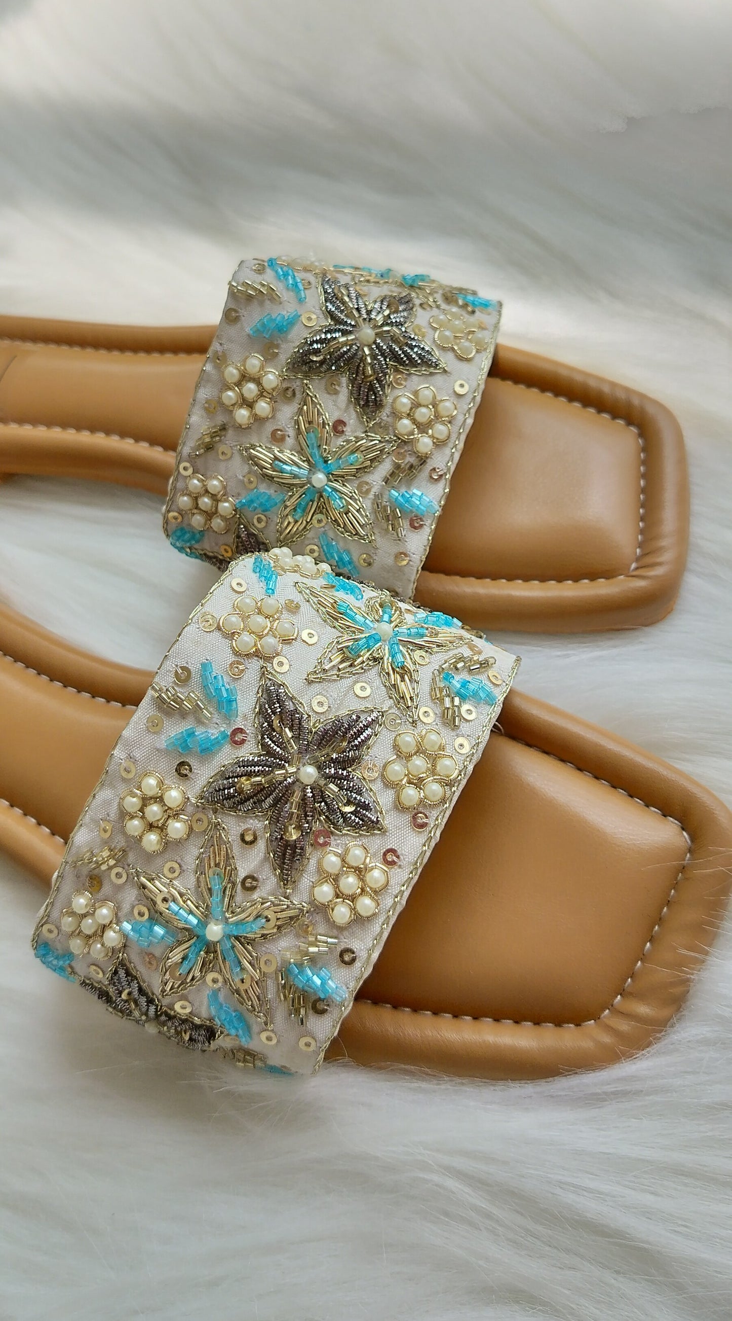 Blue Flower Pearl Embroidered Flats - 40% off