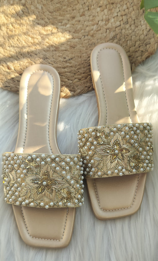 Golden Pearl Embroidered Flats @40%off