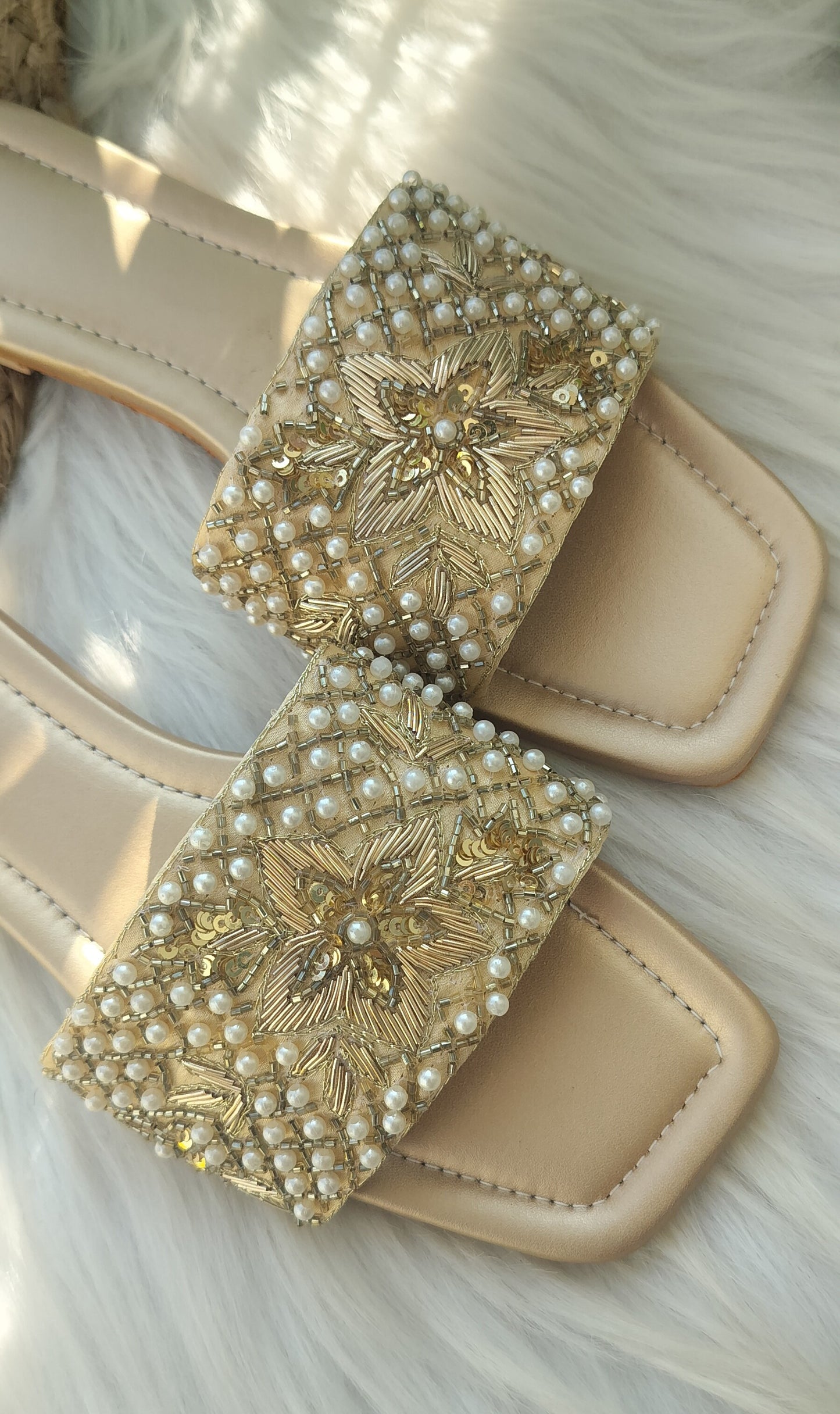 Golden Pearl Embroidered Flats @40%off