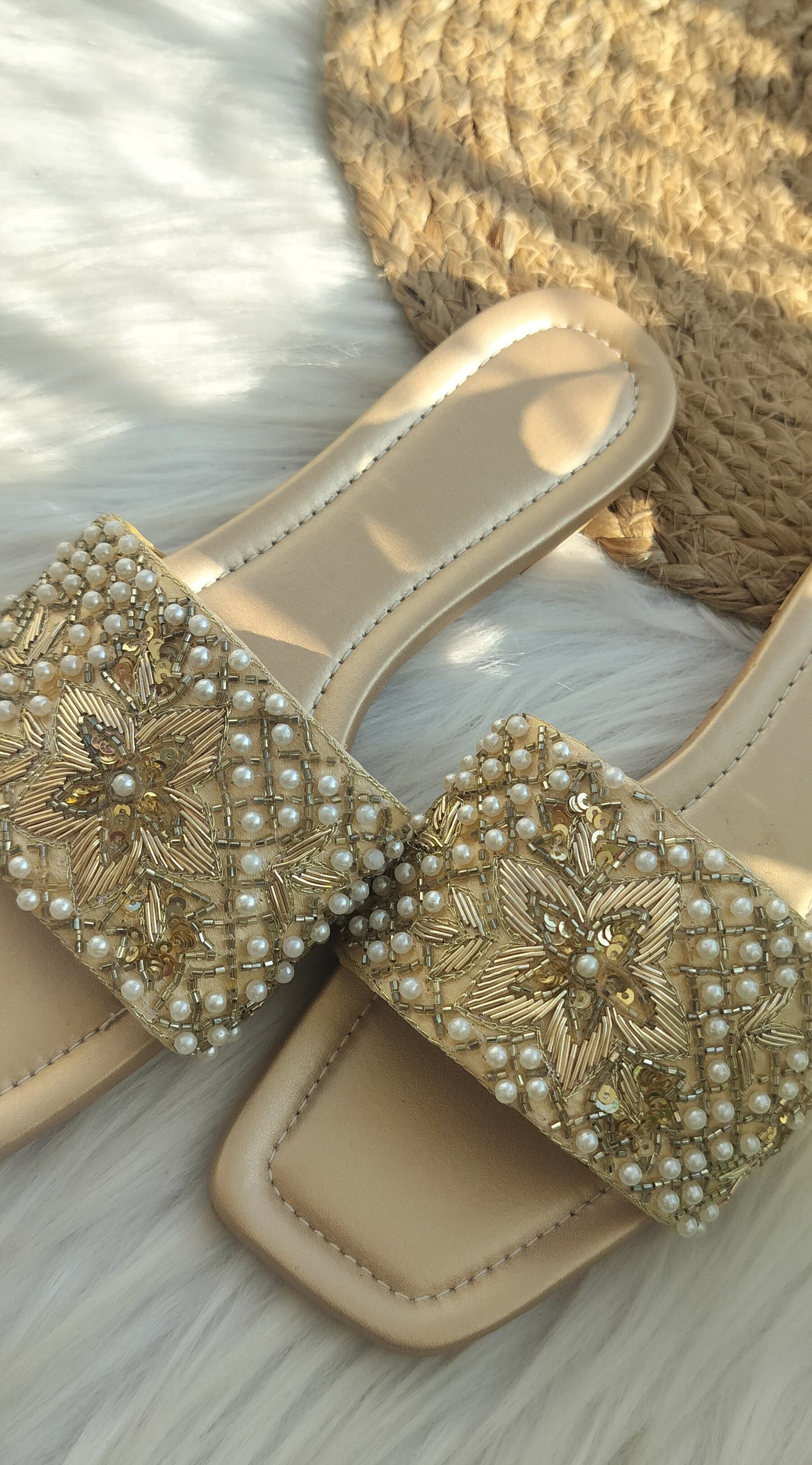 Golden Pearl Embroidered Flats @40%off