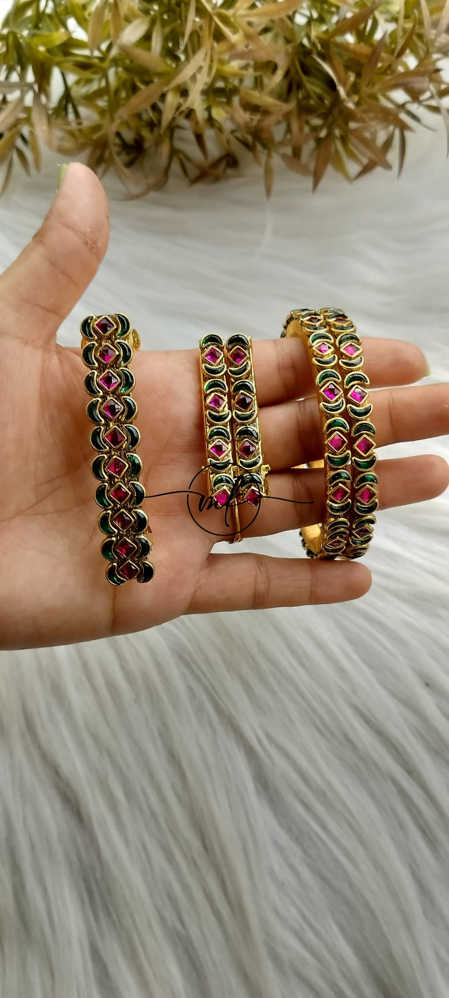 Green Pink Kundan bangle Combo set+ centre clip+Alligator pins