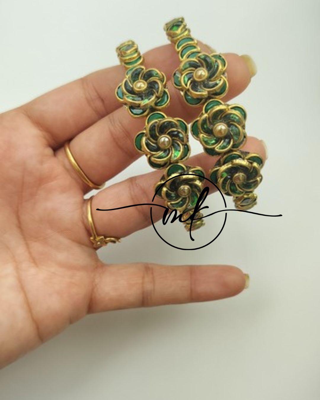 Green 3D ROSE bracelet kundan Bangle mini set - set of 2 bangles