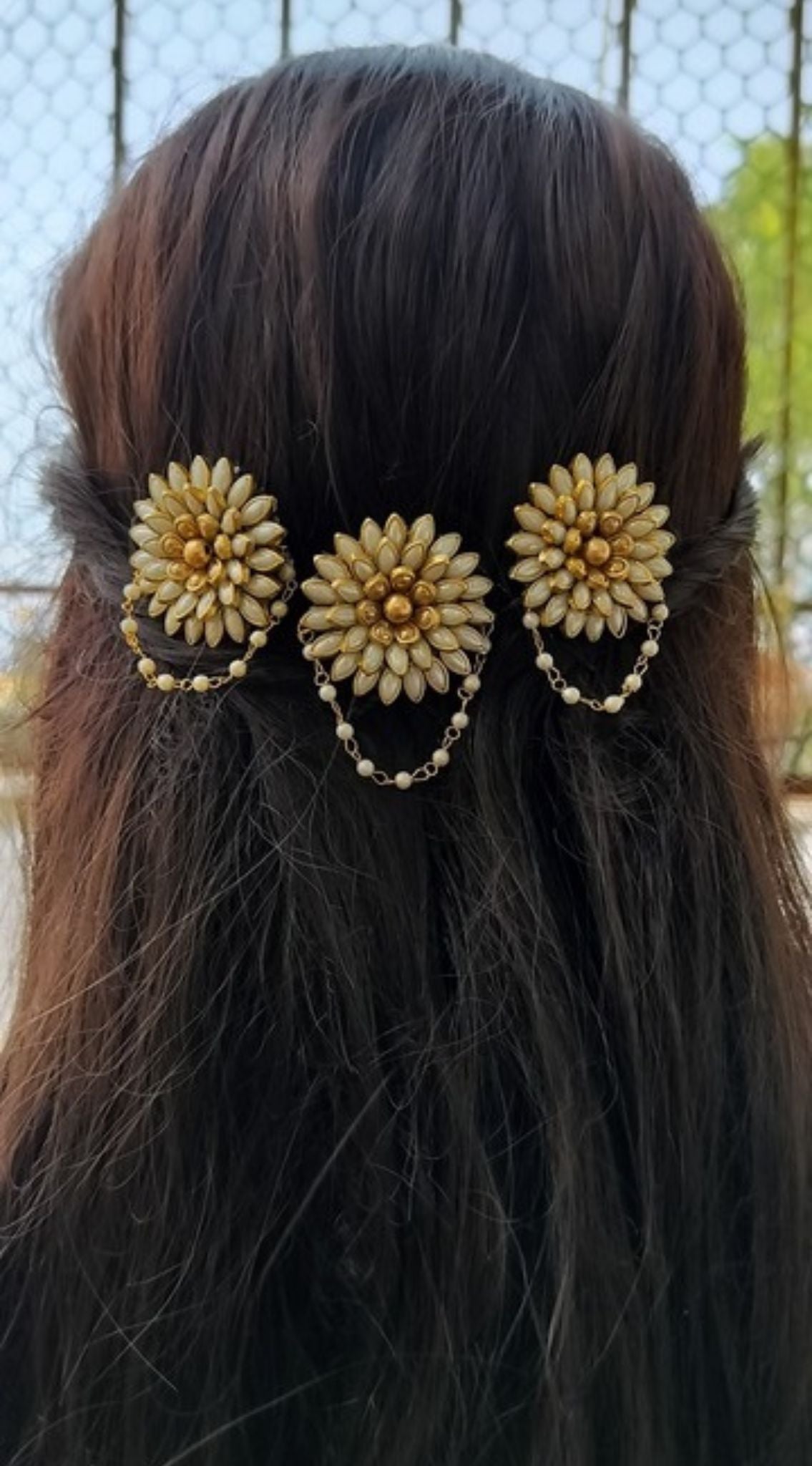 White SUNFLOWER and Kundan Hair Brooch Braid Combo (1+3) - with pearl hanging
