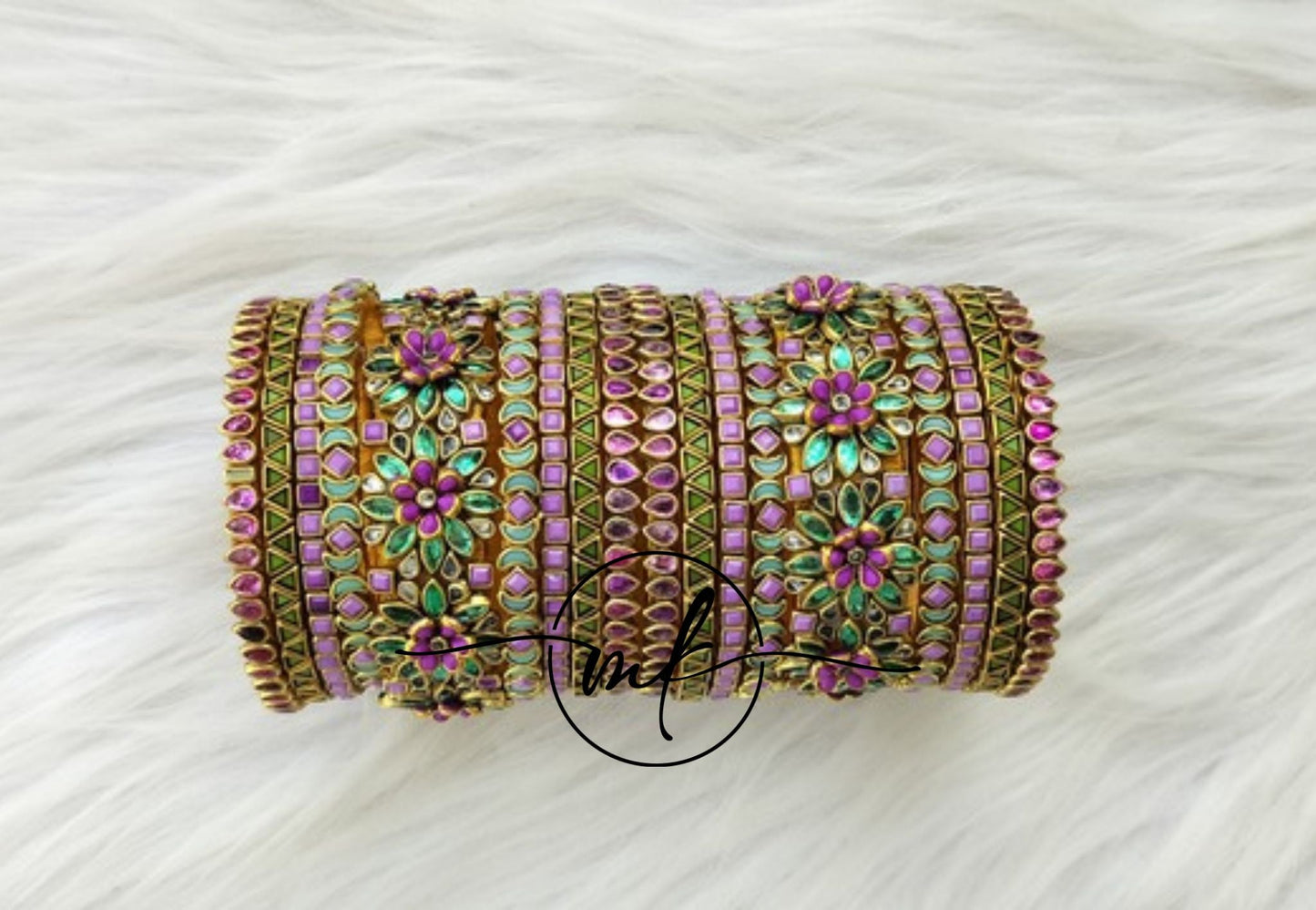 Pink violet light GREEN Kundan semi Bridal bangle set - 9+9 bangles