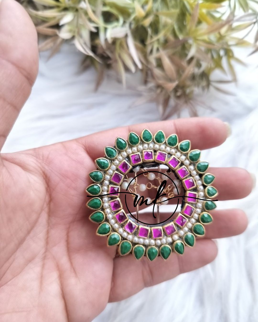 Romi Dark green+pink Hair Brooch