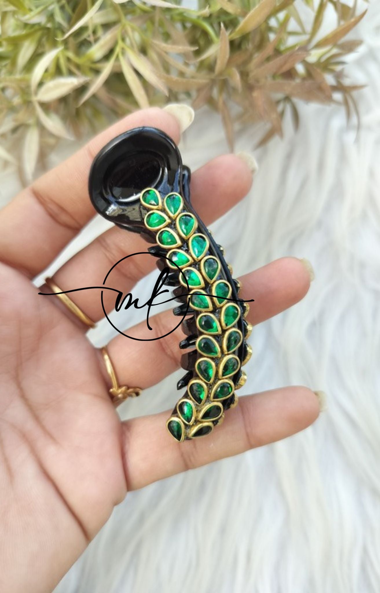 Green Kundan Banana Clip - V type