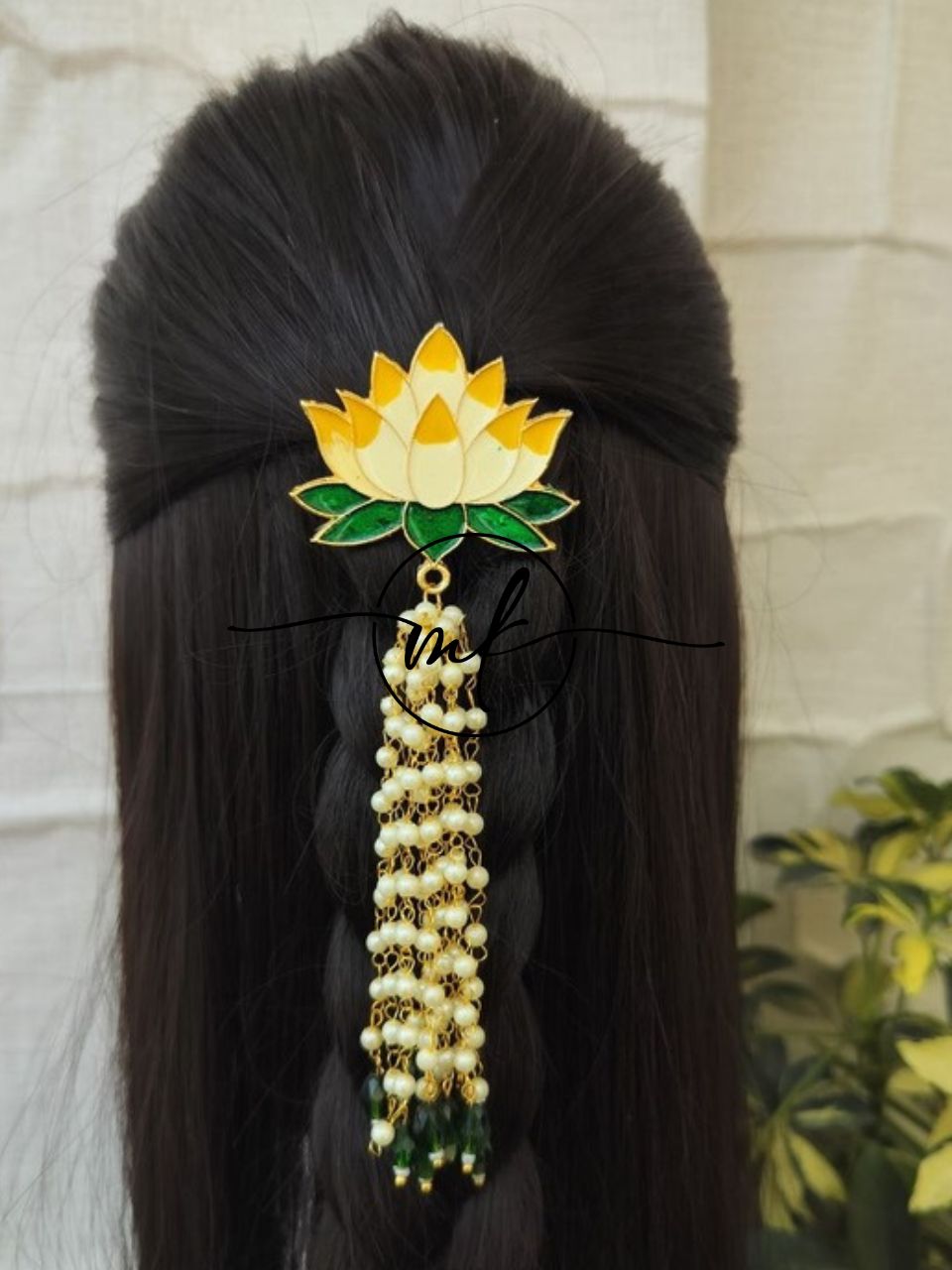 White yellow Lotus + Pearl Hanging Hair Brooch