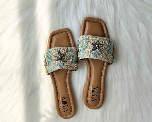 Blue Flower Pearl Embroidered Flats - 40% off