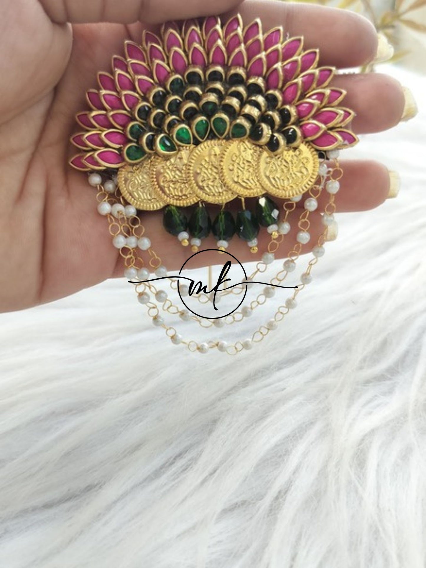 Dark Pink Dark Green Coin Sunflower Hair Brooch