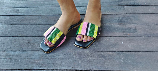 Black Multi-color Embroidered Flats