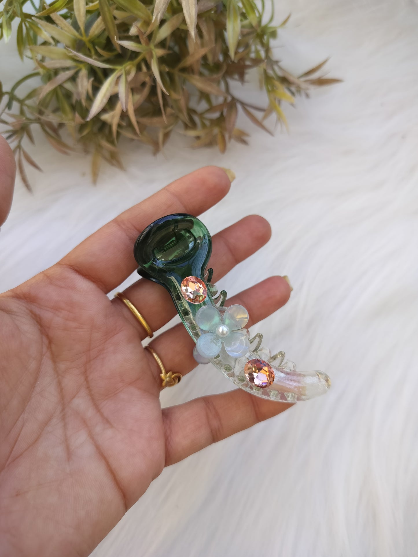 Green floral premium Banana clip - V type