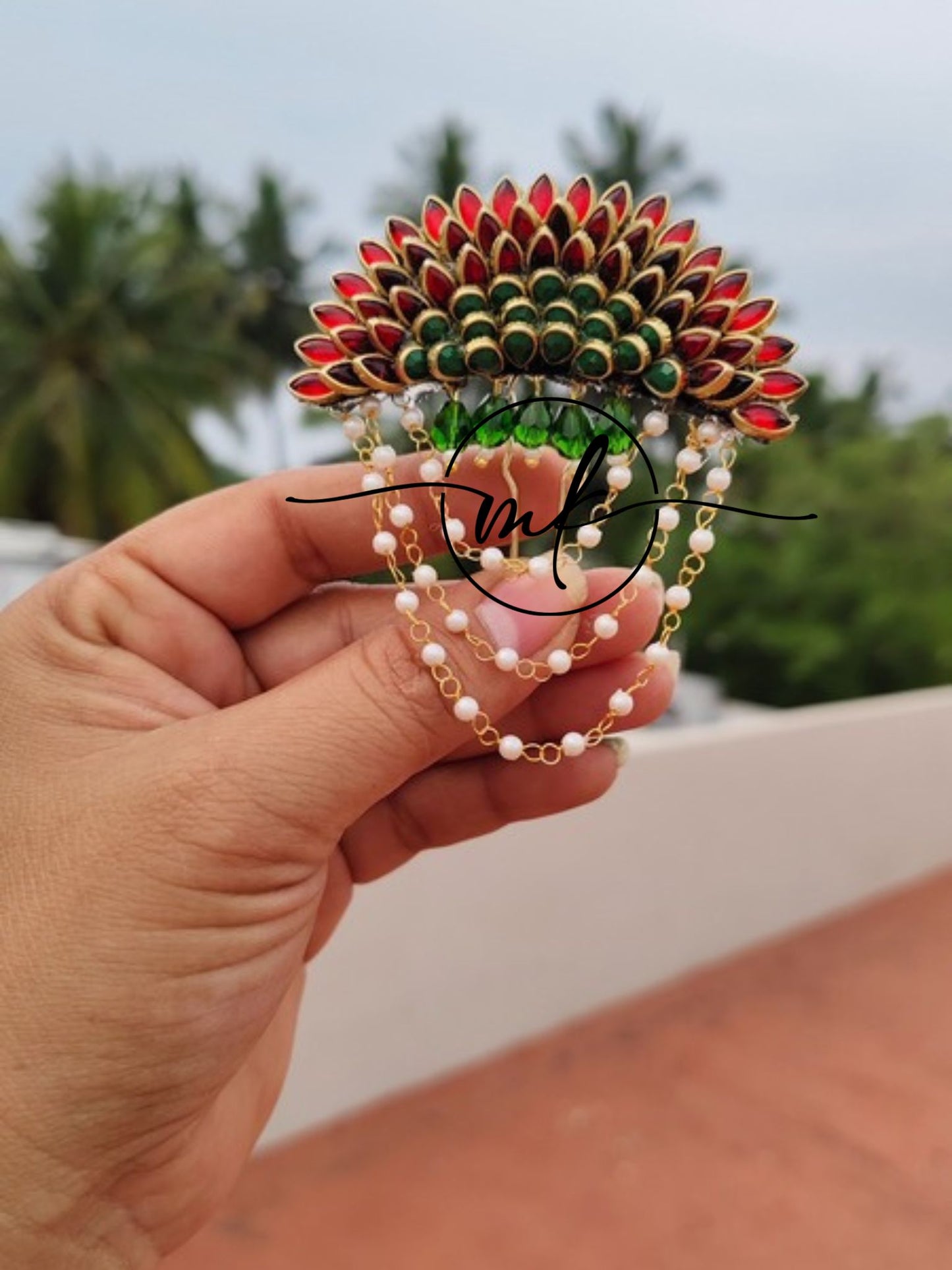 Red Dark Green Sunflower Hair Brooch