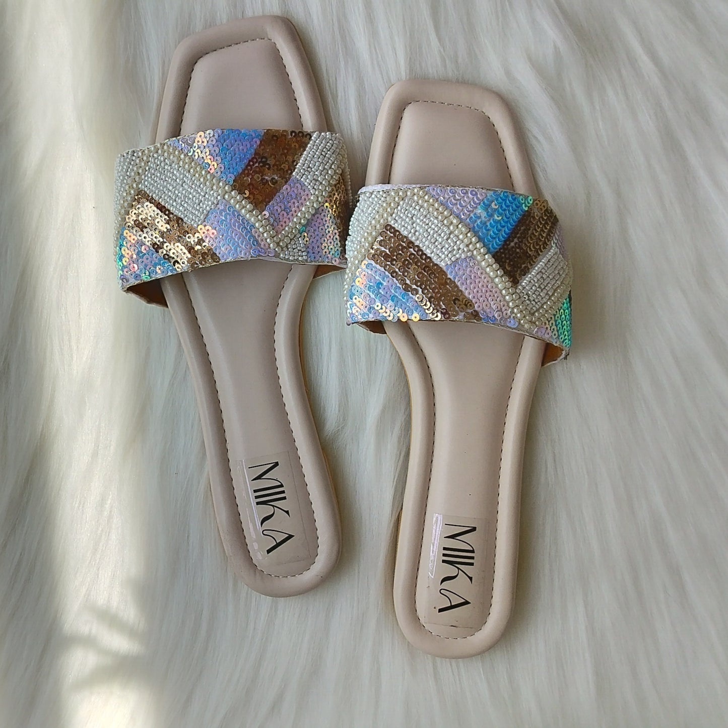 Blue Beaded color Embroidered Flats @40%off