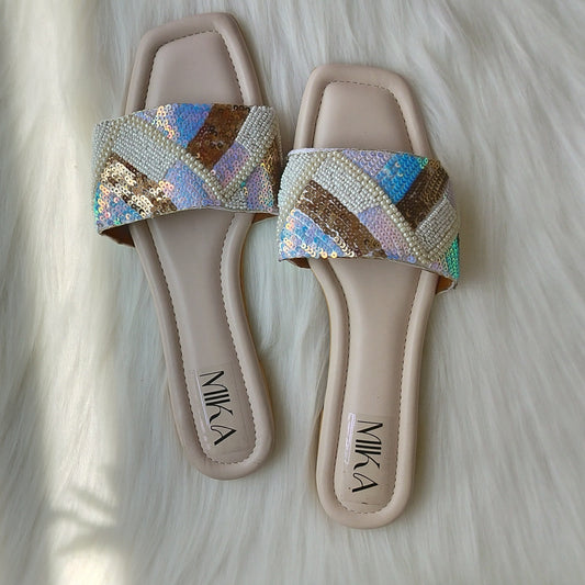 Blue Beaded color Embroidered Flats @40%off