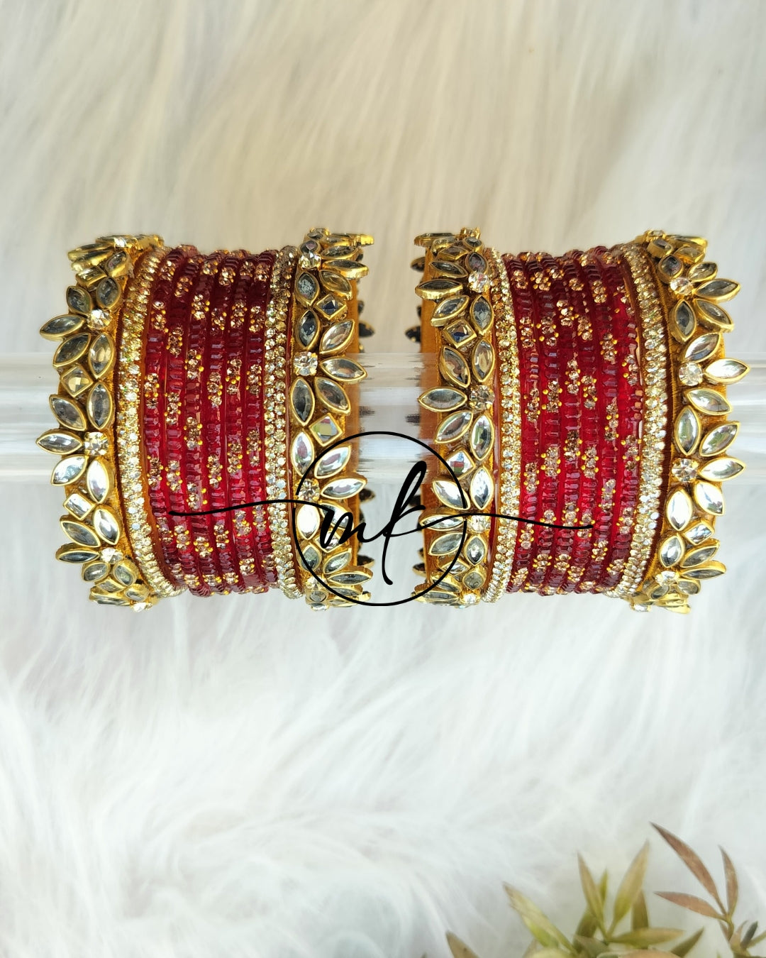 Redi Floral semi Bridal kundan Bangle set - Red color