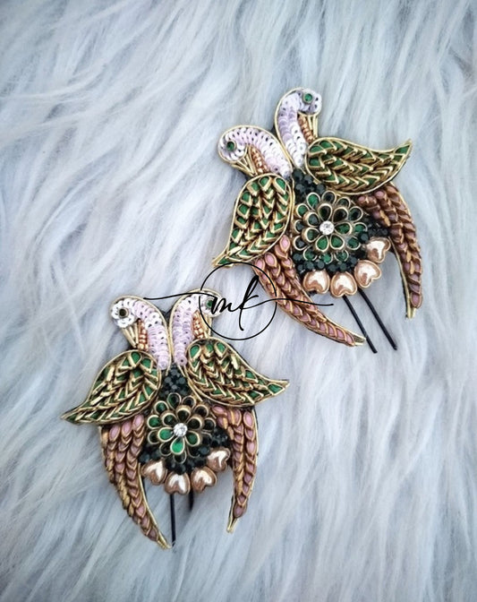 Light pink & Green Parrot Hair Brooch