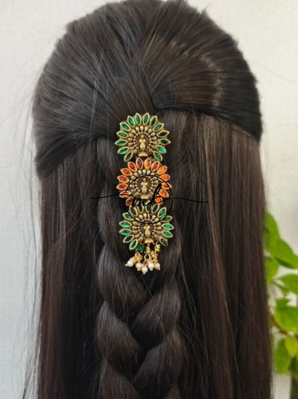 Peacock Hair Brooch - Green + Orange colour
