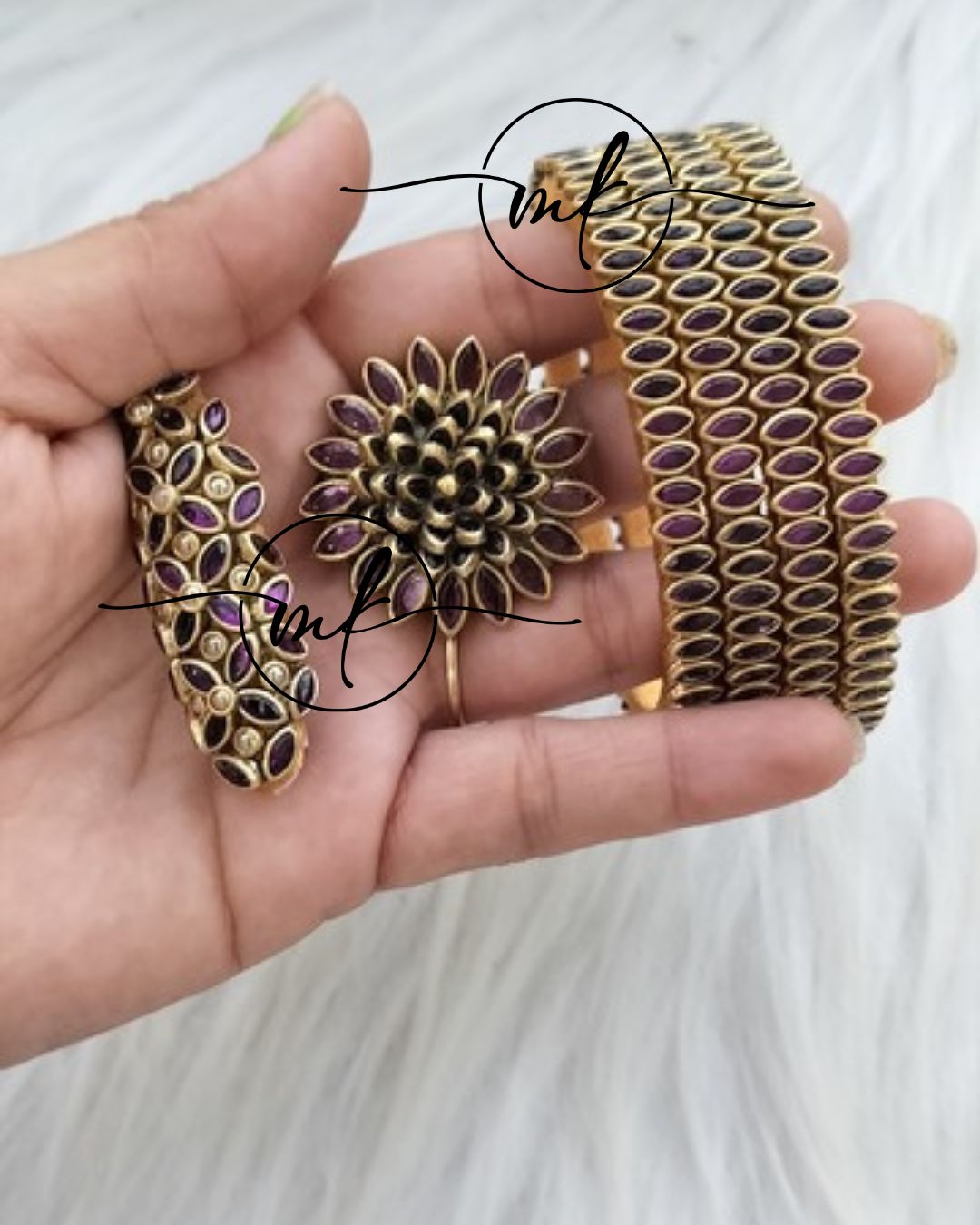 Purple Kundan bangle Combo - 4 bangles+Saree pin+Hair Ties