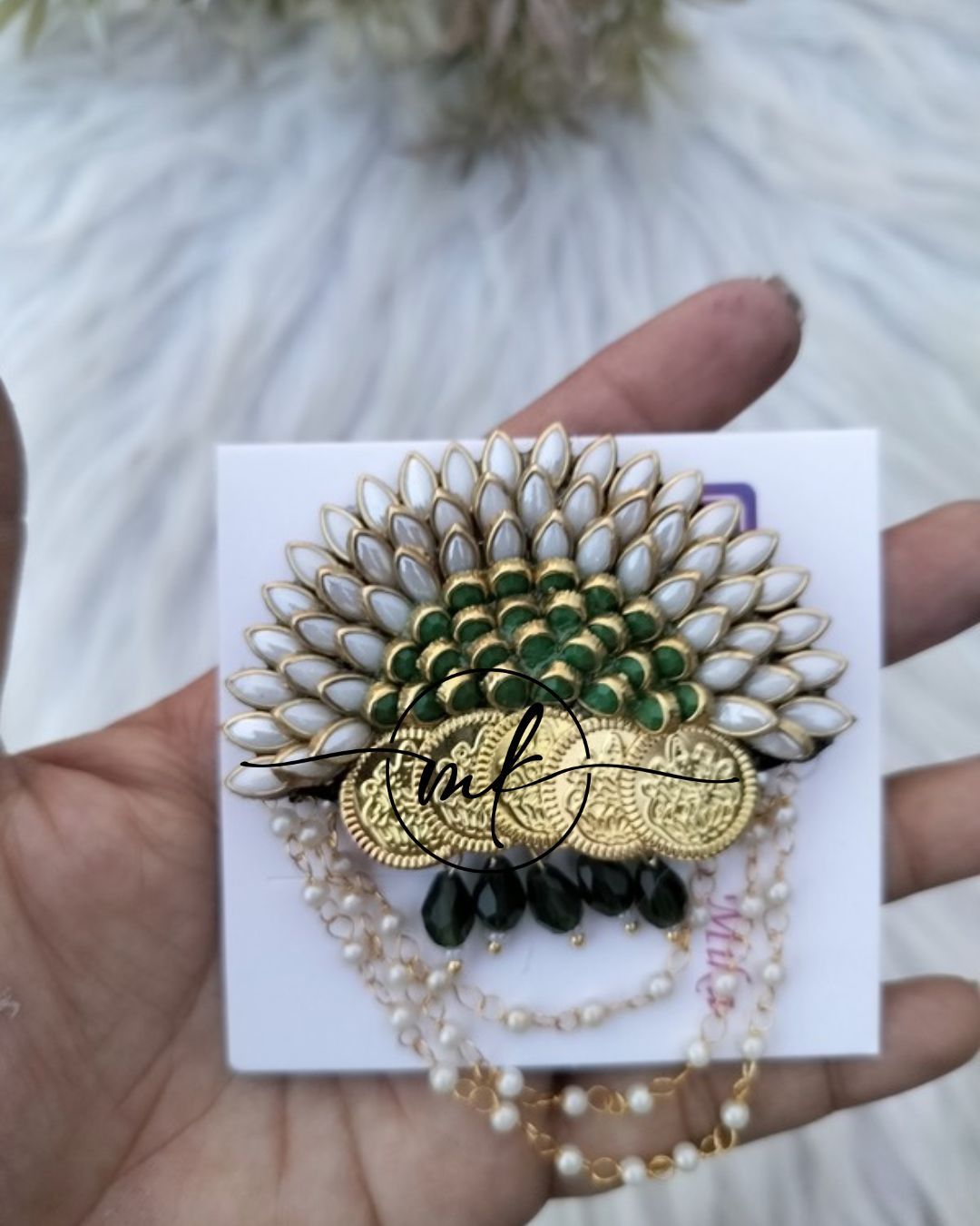 White Green Sunflower COIN Hair Brooch