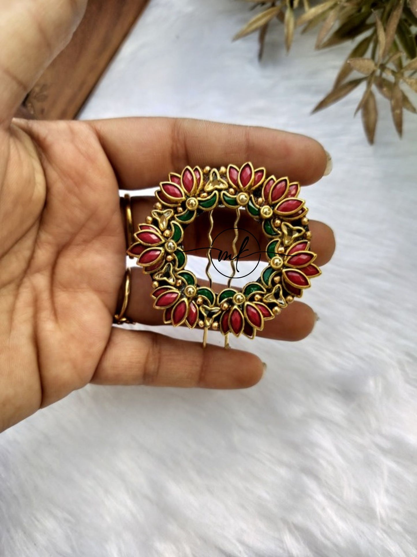 Lara Premium Red Lotus kundan Hair Brooch