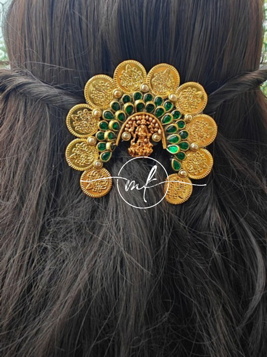 Green Lakshmi Coin Hair Brooch