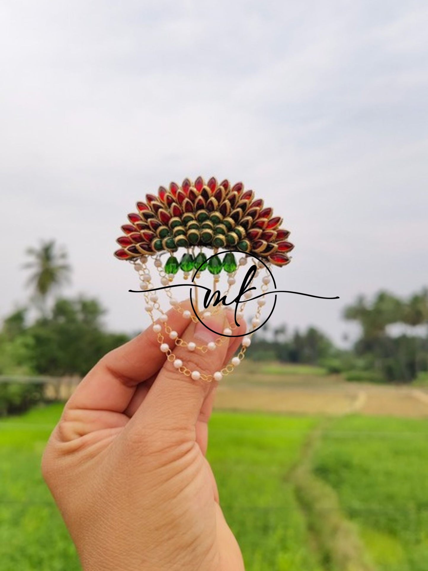 Red Dark Green Sunflower Hair Brooch