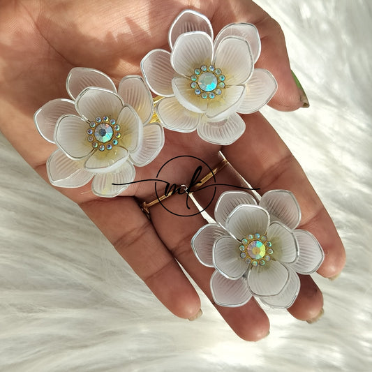 Silver white Floral Premium hair ties
