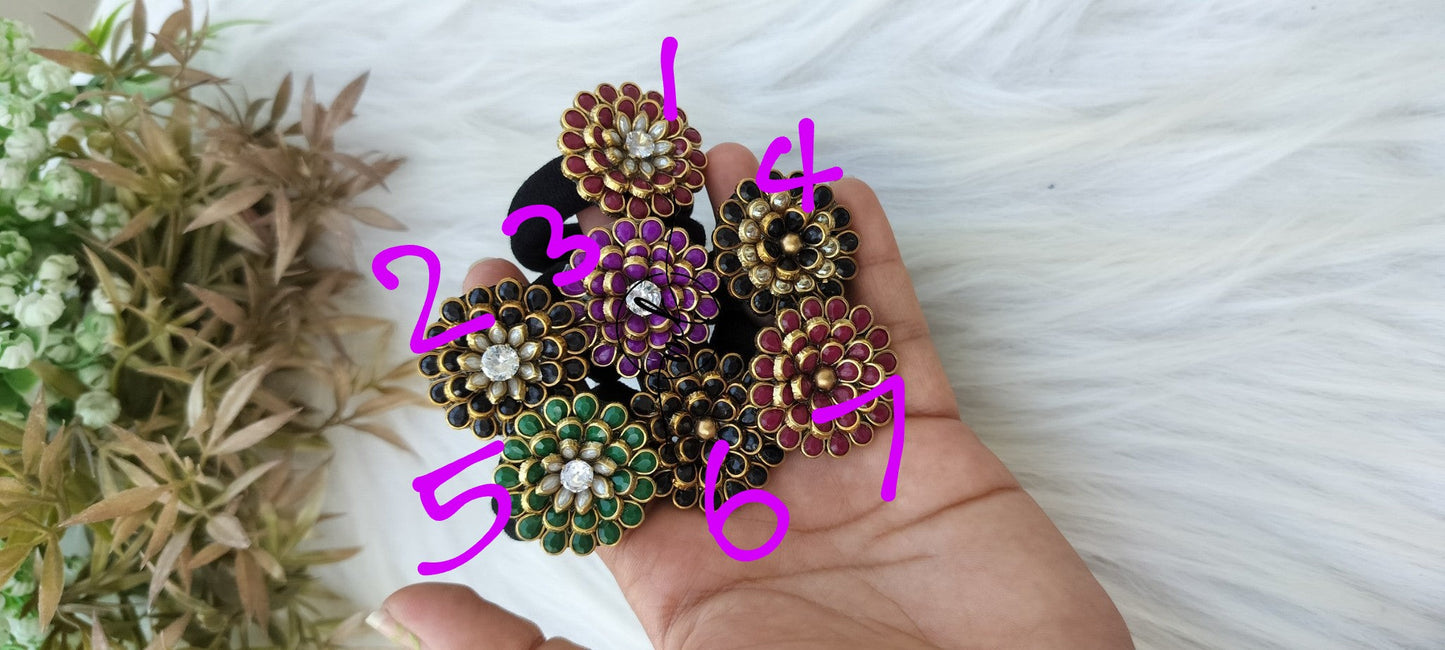 Colourful Flower kundan Hair Ties/ Hair Brooch