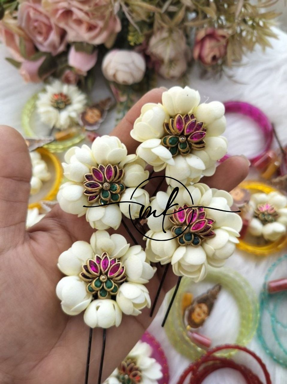 LIA Small Gundu malli Gloss Pink Lotus Hair Braid brooch - set of 4 piece