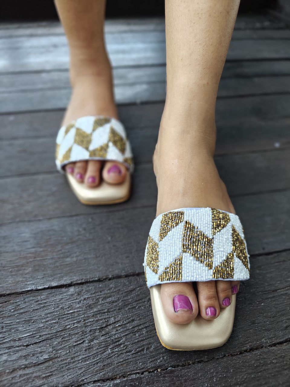 Golden white Embroidered Flats