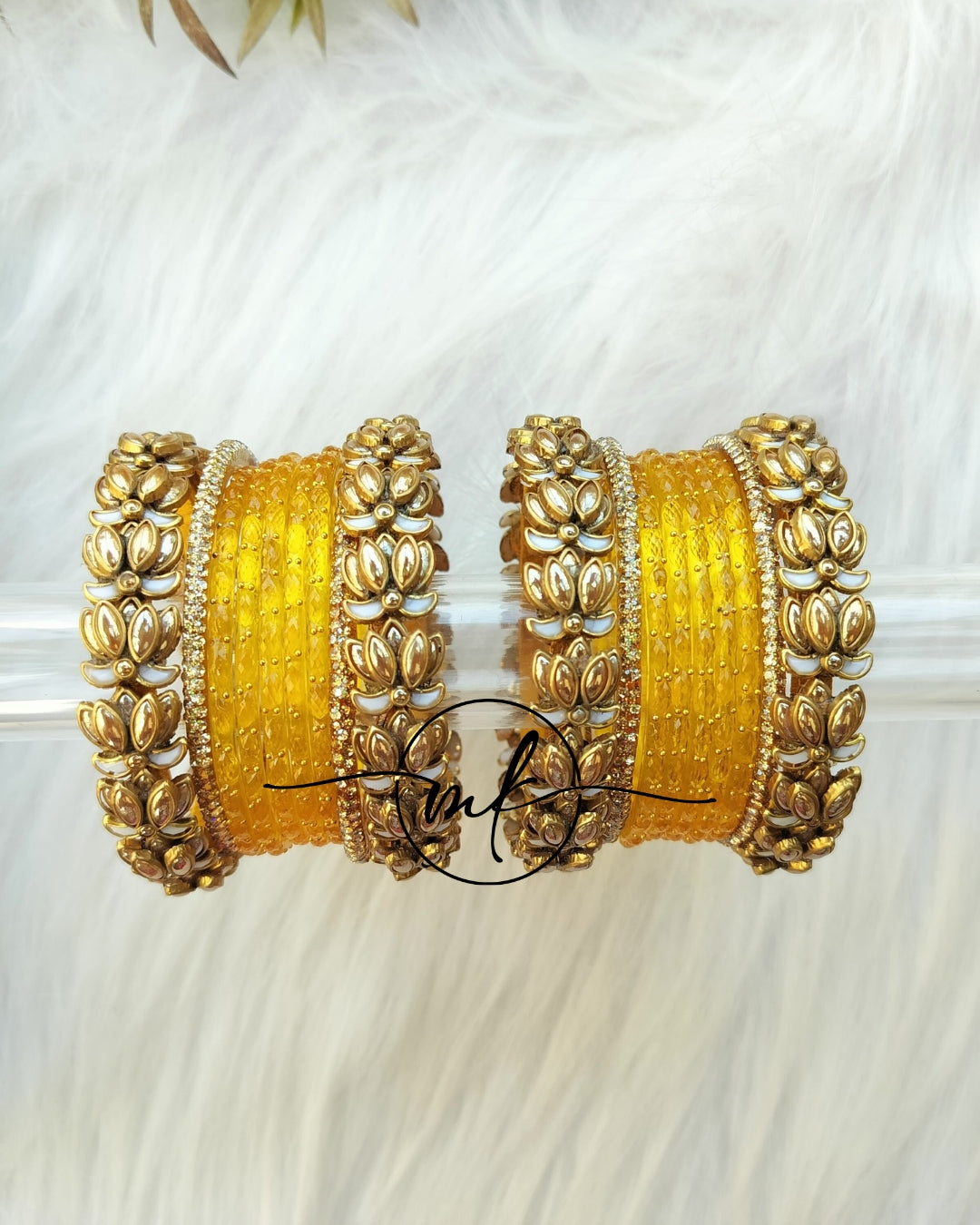 Yellow Golden Lotus Bridal kundan Bangle set