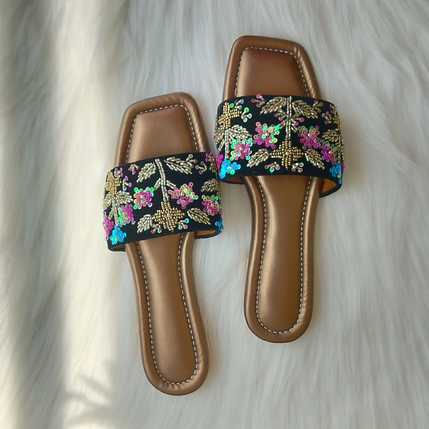 Violet Flower Black Embroidered Flats @40%off