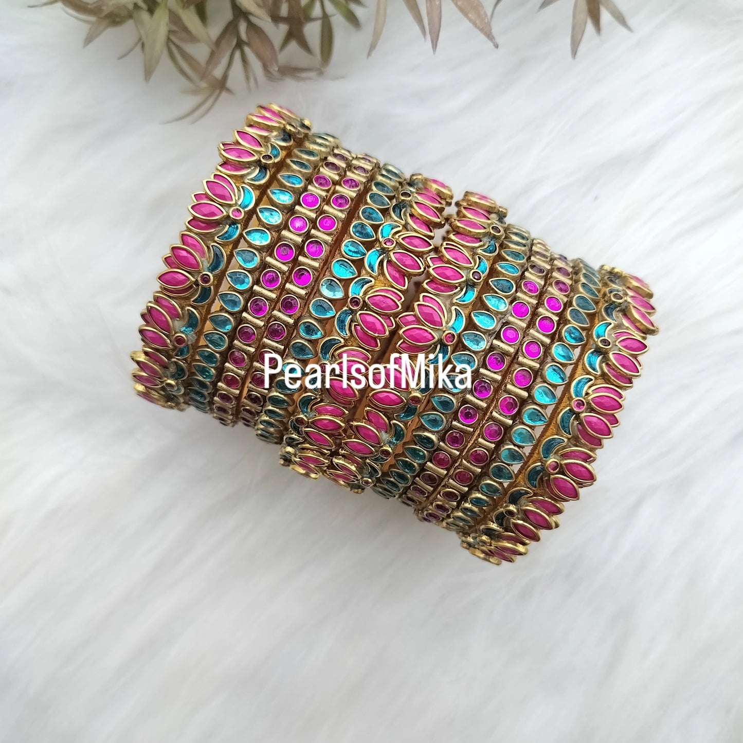 Blue Pink lotus semi Bridal Kundan bangle set - 6+6 bangles