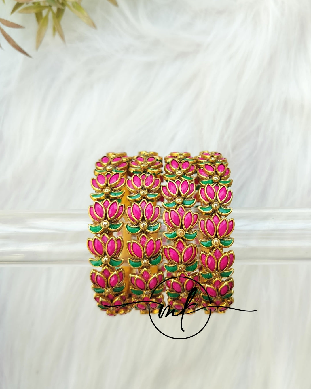 Dark pink Lotus kundan Bangle set