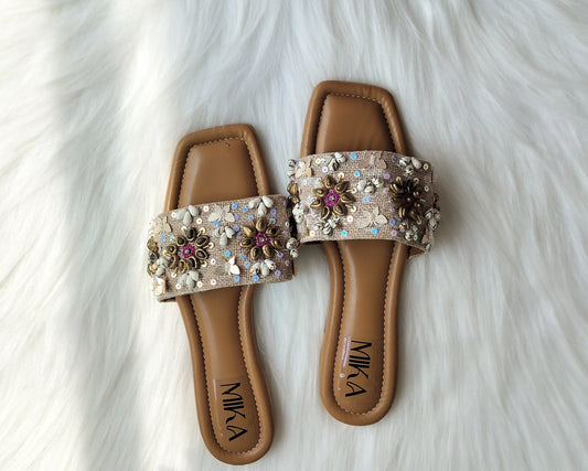 Shell Beaded Beige Embroidered Flats @40%off